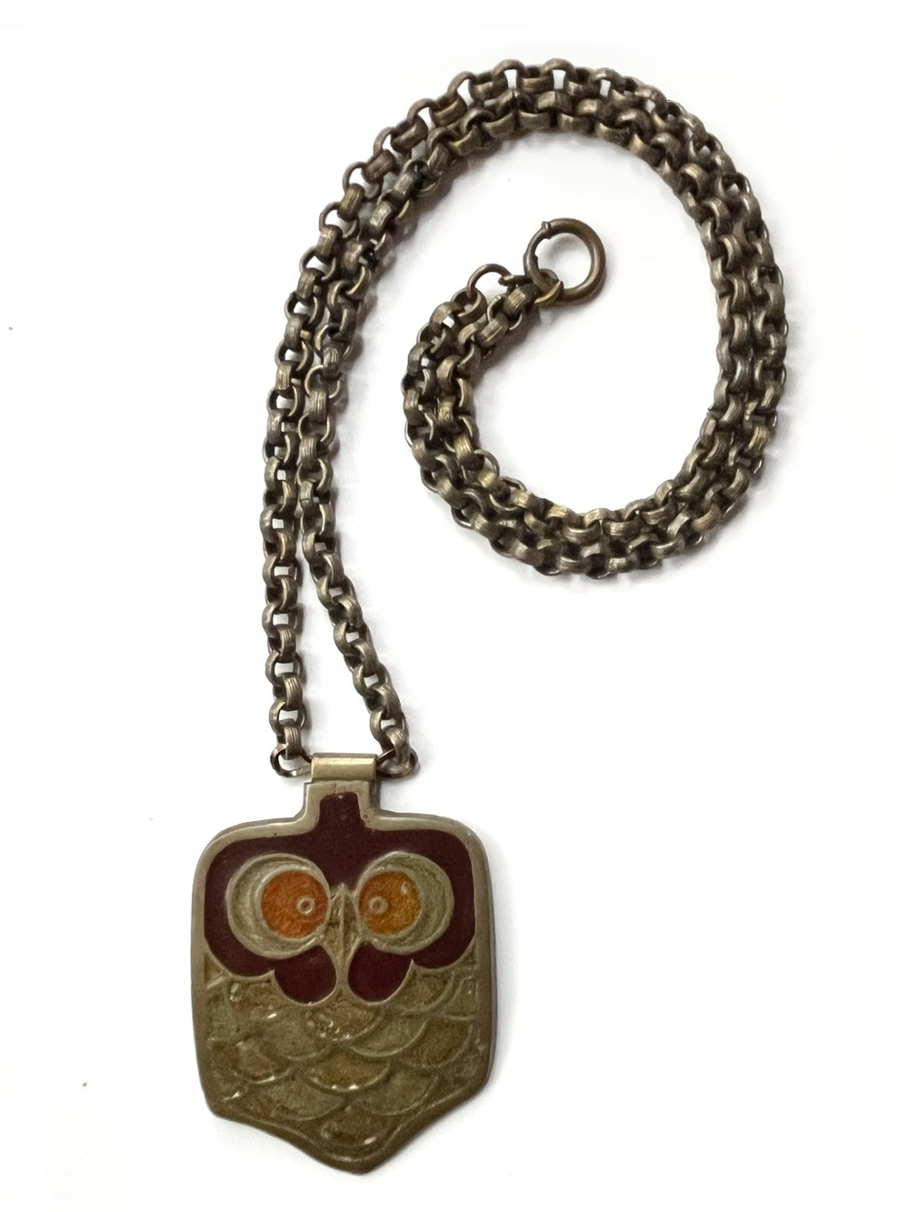 Lee Bernay Brass Enamel Owl Pendant 26” Necklace Antiqued Rolo Chain Vintage